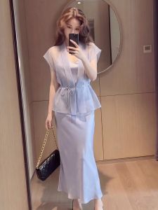 YIKEMAI | Slimming Large Size Belted Waist Dress Elegant Fake Two-Piece