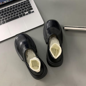 British Style Womens Flats Spring Autumn 2025 New Fleece Lined Thick Heel Heightening Retro Slip on Loafers Fashionable round Toe