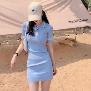 Váy len polo body nữ dáng ôm tay ngắn kiểu cổ bẻ dệt kim co dãn 4 chiều phong cách Hàn Quốc trẻ trung