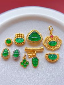 925 Silver Plated Gold Accent Natural Emerald Inlaid Gourd Shaped Pendant Leaves Beads for DIY Fashion Jewelry Making