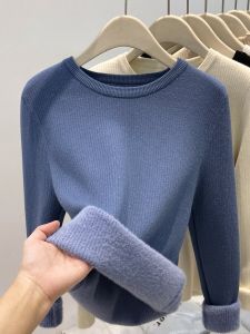 Korean Textured Knitwear Womens Thickened Fleece Warm Spring Top round Neck Long Sleeve Slim Fit Solid Color Commute Style