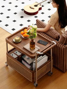 XIANGNANSONG | Luxury Mobile Side Table with Woven Basket Storage 2 Layers