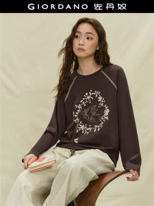 Giordano Designer Long Sleeve T-Shirt Womens Embroidered Shoulder Loose round Neck Top Knitted Fabric Winter Season Casual Wear