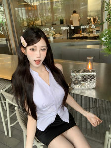 Korean Style Striped Neck Hanging Sleeveless Shirt Women Summer Pleated Waist Slimming Short Design Sense Shirt Top