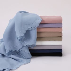 Jifang High Quality Embroidery Flower Brim Plain Bubble Chiffon Pashmina Shawl Headscarf Muslim Hijabs Tudung SL271