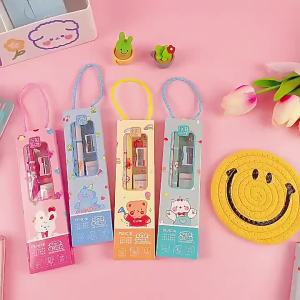 Bộ Dụng Cụ Học Tập 5 Món Hộp Giấy Có Quai Xách Cute Cho Bé Gồm Bút Chì Thước Kẻ Tẩy Gọt Bút Chì