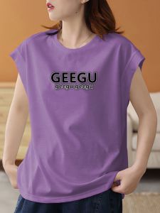 เสื้อยืดคอกลมแขนกุดผ้าฝ้ายแท้ฤดูร้อนใหม่ เสื้อยืดหลวมๆ สไตล์ลำลองสำหรับผู้หญิง เสื้อแขนสั้นทรงหลวมๆ ที่สวมใส่สบาย