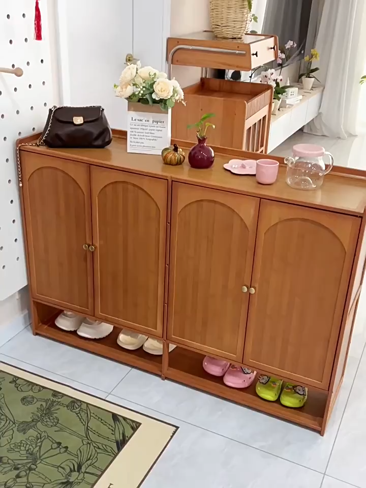 Bamboo Shoe Cabinet With Door 7/8 Layers Bamboo Organizer Flip Door Wooden Shoe Rack Shelf Cabinet