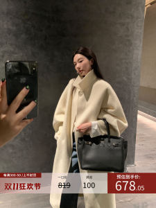 Ouyang 100% Wool Double-Faced Tweed Coat Womens Loose Mid-Length Tweed Outerwear Vintage Straight-Size Single-Breasted Long Sleeve