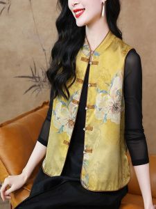 Elegant Chinese Style Vest Jacket with Button Design Polyester Fiber Cotton Lined Regular Length Suitable for Commuting