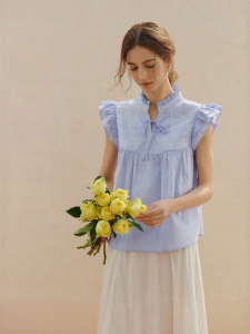 INMAN | 100% Xinjiang Cotton French Embroidery Wood Ear Edged Flared Sleeve Shirt