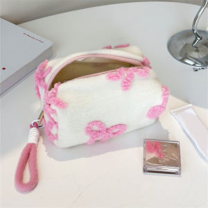 Cute Woolen Butterfly Knot Handheld Portable Makeup Cosmetic Storage Bag Travel Toiletry Bag Zipper Bag Stationery