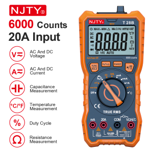 NJTY T28B Digital Multimeter 20A TRMS 6000 Counts  Voltage  Amp Resistance Diodes Continuity Duty-Cycle Capacitance Temperature