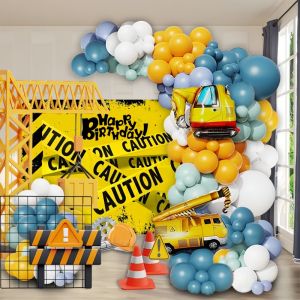 106Pcs Construction Vehicle Theme Balloon Arch Set Large Crane and Excavator Foil Balloons White Yellow Macaron Green Latex