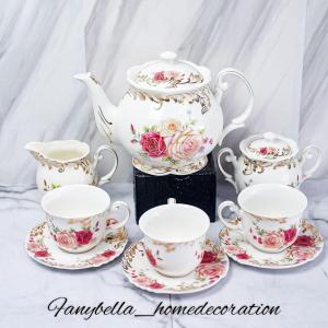 Cangkir Set Teh Kopi Porselen Keramik Import Mewah Motif Bunga Shabby chic Import Dekorasi Rumah