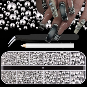12Grids 3D Silver Half Round Pearls Nail Charms+ 2Tools 2-8mm Pearl Caviar Nail Art Decorations DIY Punk Cool Manicure Accessory