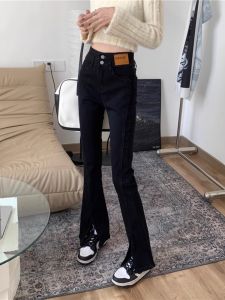 High Waist Flared Straight Leg Denim Jeans Womens Elastic Pear Shape Body Micro Flare Pants Large Size Black Washed