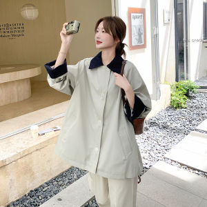 Color Block Design Casual Loose Womens Coat Korean Style Mid-Length Simple Outerwear Polyester Fiber Zipper Closure Long Sleeve