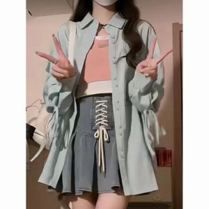 Retro American Fishbone Tie Half Skirt Letter Embroidery Loose Womens Shirt Three Piece Set Blue Long Sleeve Polo Collar