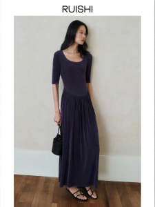 epoque de rueen | Drapery Acetate Round Neck Fitted Waist Long Dress