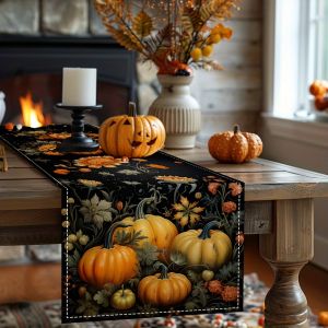 1 Piece of Autumn Pumpkin Flower Table Runner Black Background Painted Golden Pumpkin Flower Green Leaves Suitable for Restaurant Home Harvest Party Pastoral Style Decoration.