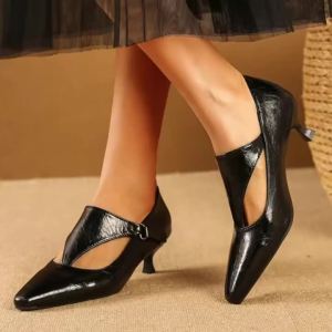 Giày Cao Gót Mũi Nhọn Mary Jane Dành Cho Nữ Có Khóa Gót Giữa V-Cut Hollow Da Sáng Chế Công Sở Hàng Ngày Retro Thanh Lịch Giày Mùa Xuân Hè