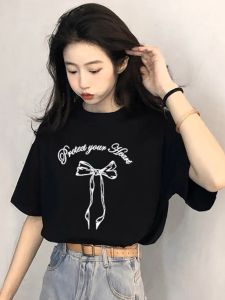 Áo Thun Nữ Tay Ngắn Dáng Rộng Cổ Tròn Màu Đen Thiết Kế Mới Mùa Hè Thường Ngày Cotton Pha Trộn Thời Trang Thường Ngày