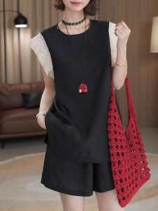 Shalldoer | Fashionable Korean Style Lace Sleeveless High Waist Shorts Womens Summer Outfit Set Round Neck Polyester Short Sleeve Dress