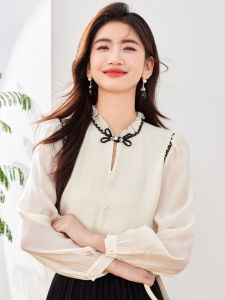 เสื้อเชิ้ตคอตั้งแขนยาวสไตล์จีนใหม่ฤดูใบไม้ร่วงปี 2024 เสื้อเชิ้ตผู้หญิงสไตล์ชาติพันธุ์สไตล์ใหม่ กระดุมสไตล์จีน แฟชั่นเสื้อเชิ้ต