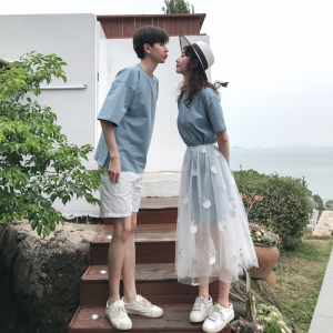 Dream Home Style Blue Short Sleeve Couple Dresses Korean Version Summer Outfit High Waist A-Line Knitted Cotton Dress Set