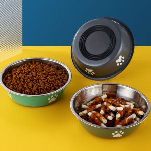 SKY ชามอาหารสัตว์เลี้ยง 14cm สแตนเลสเคลือบ น้องแมว น้องหมา มียางกันลื่น ชามสแตนเลสเคลือบ ชามข้าวแมว ถ้วยอาหารแมว ชามสำหรับสัตว์เลี้ยง Pet Bowl