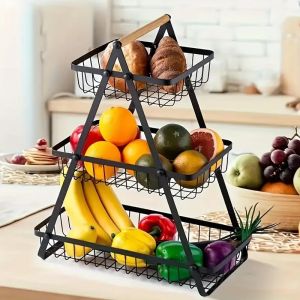 2/3 Tier Kitchen Organizer Rack Fruit Basket with Detachable Metal Holder and Wooden Handle Vegetable Bread Snacks Storage Shelf