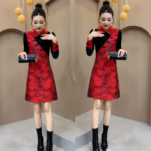 Vintage Style Midi Dress for Short Women with Puff Collar Long Sleeve Autumn Winter Slimming Fashionable Chinese Knitted Dress