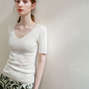 Miccbeirn | Silk Knitted V-neck Short Sleeve T-shirt Simple Commute Style Womens Slimming Base Shirt Pure Color Regular Sleeve Length