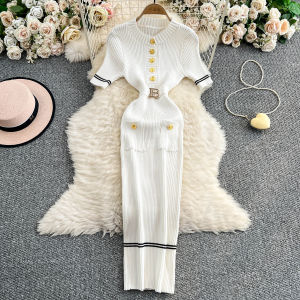 YuooMuoo Brand Fashion Women Dress 2025 Summer Belted Bodycon Long Sweater Dress Elegant Office Lady Pencil Dress Party Vestidos