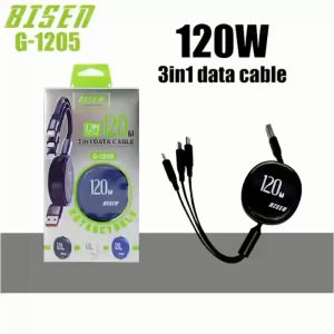 BISEN G-1205 120W 3in1 Fast Charging Data Cable.For Android Type C Micro For IPh.Free to Retract and Release.Electronic Cellphone Charger Mobile Smartphone.