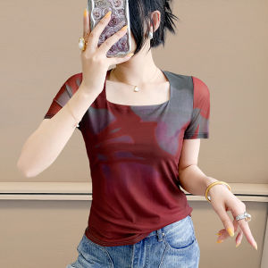 Yimei thời trang Hàn Quốc Áo thun ngắn tay in lưới pha trộn với áo cổ áo vuông cho quần áo mùa hè nữ thiết kế mới với cảm giác thời trang phong cách phương Tây