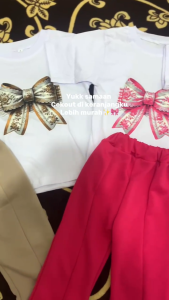 Setelan Kaos Anak Perempuan Dengan Celana Cutbray Motif Pita Kupu Kupu Usia 1-8 Tahun Fashion Cewek Baru