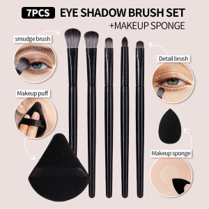 7PCS Black Eyeshadow Makeup Brush Set with Makeup PuffMulti-Size Smudge& Detail Eye Brushes for Eye ShadingCrease Blending