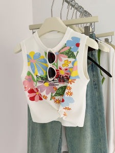 AMILUCK | Doodle Print Knitted Vest Womens Outerwear Round Neck Sleeveless Top Inner Wear Casual Comfortable Breathable Short Style