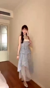 QC_Set đồ nữ mặc hè Lụa caro áo cúp ngực đính hoa có mút ngực mix chân váy dài phối lưới kèm dây cổ