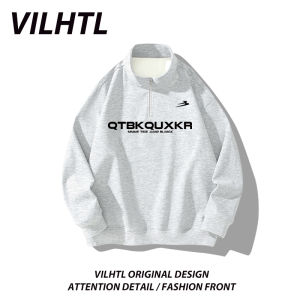 เสื้อฮู้ดคอตั้งพิมพ์ลายตัวอักษรแบบมีซิปครึ่งตัวหนาสำหรับผู้ชายในฤดูใบไม้ร่วงและฤดูหนาว เสื้อคลุมกันหนาวแบบสวมหัว