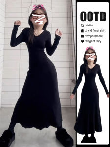 Hebe Style French Black Long Sleeve Dress Womens Autumn Winter New Model Knitted Inner Wear A-Line Midi Dress V-Neck