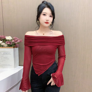 REHIN New Off-Shoulder Slim-Fit Mesh Long Sleeve T-Shirt Korean Style Fashionable Trendy Womens Top