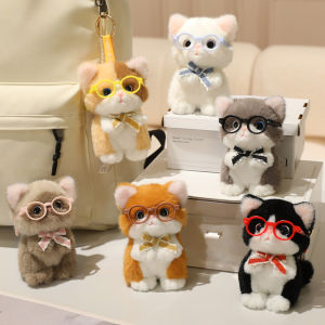 xb Cute Glasses Kitten Plushie Keychain Bow Tie Fluffy Cat Stuffed Pendant Animal Doll Bag Charm Gift bx