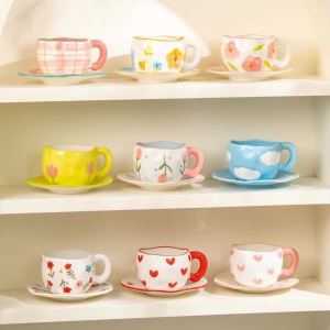 300ML Korean Style Hand Pinched Irregular Ceramic mug Hand-painted Flower Heart Coffee Cup Breakfast Milk Afternoon tea cup Gift