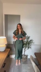 Casual Womens Solid Dress Silk Texture V Neck Short Sleeve Loose Midi Dresses 2025 Summer Chic Elegant Woman Satin Dress