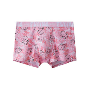 Mens Cotton Underwear Pure Cotton Pink Cartoon Pig Print Boxer Briefs Youth Gift Luxury Style mid Waist Antibacterial Fabric