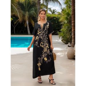 Embroidered Beach Tunic Dress V-neck Midi Skirt Sleeveless Wool Blend Travel-friendly Casual Chic Large Size Women Dress