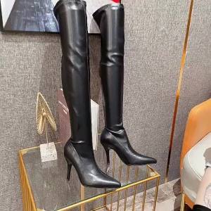 《308》รองเท้าบูทส้นสูงหนังทรงยาวสไตล์เกาหลี หัวแหลม รองเท้าบูทผู้หญิง ฤดูใบไม้ผลิและฤดูใบไม้ร่วง รองเท้าบูทแบบสวม ส้นสูง 8 ซม.